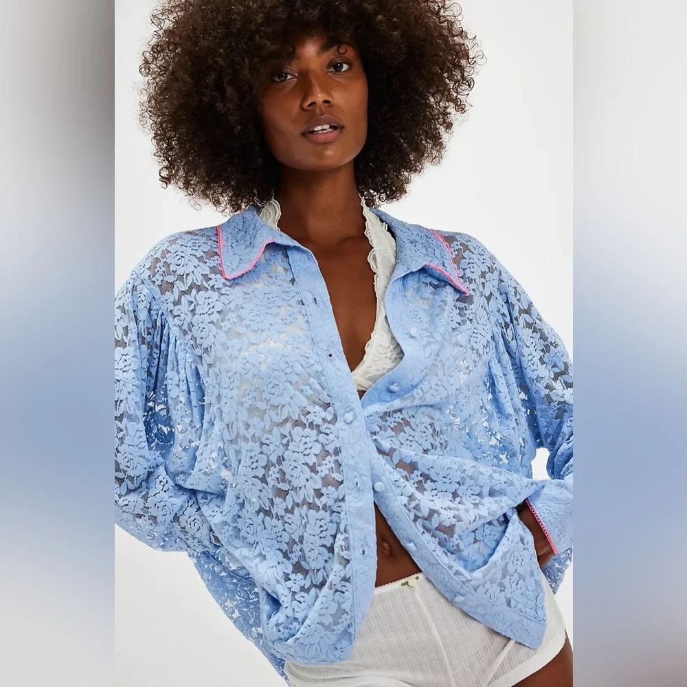 ▪️Free People Intimately Free All Day Floral Lace House Shirt Pink  M - Picture 6 of 16
